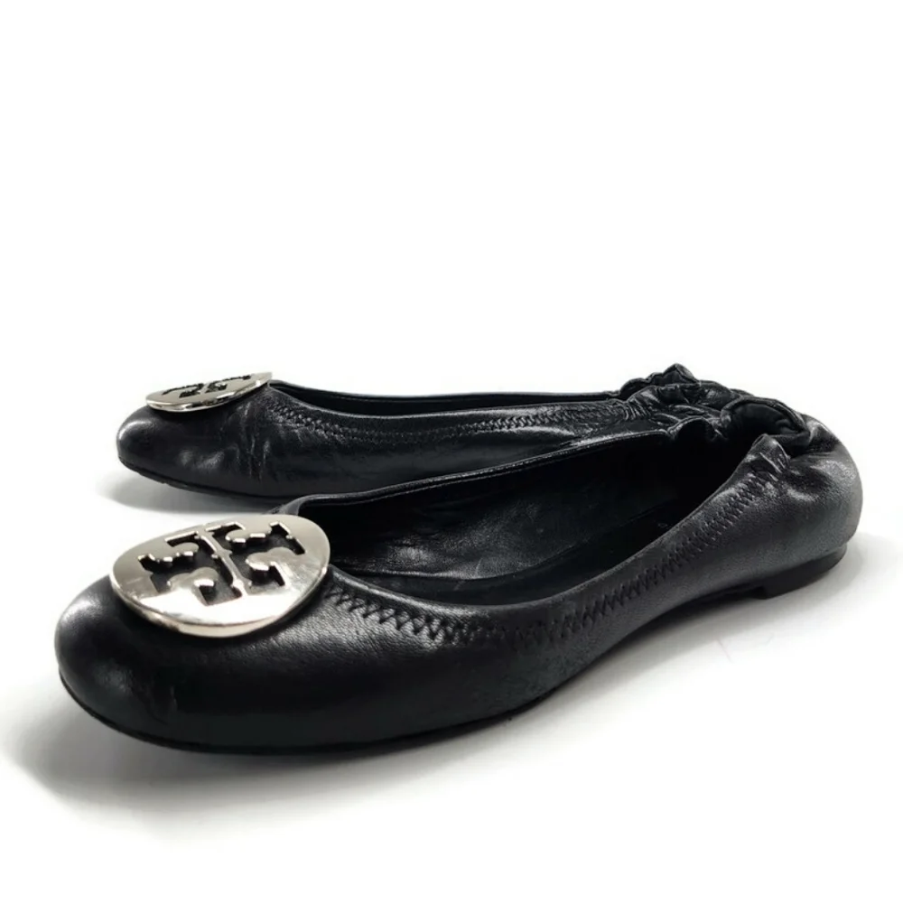 Tory Burch Reva Black Leather Silver-Tone Double-T Medallion Classic Ballet Flat